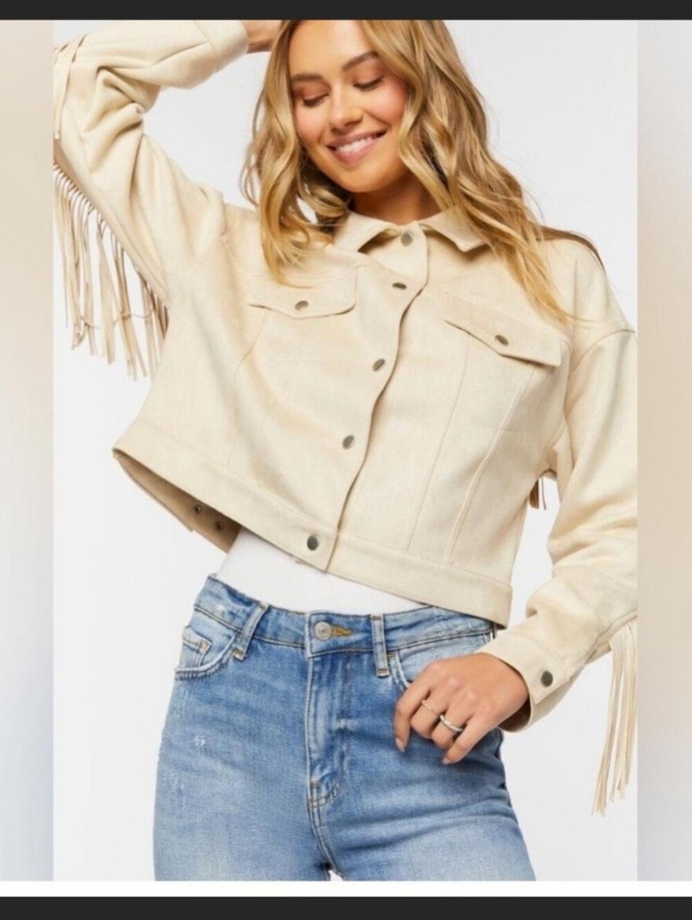 Cream Fringe Faux Suede Jacket Small